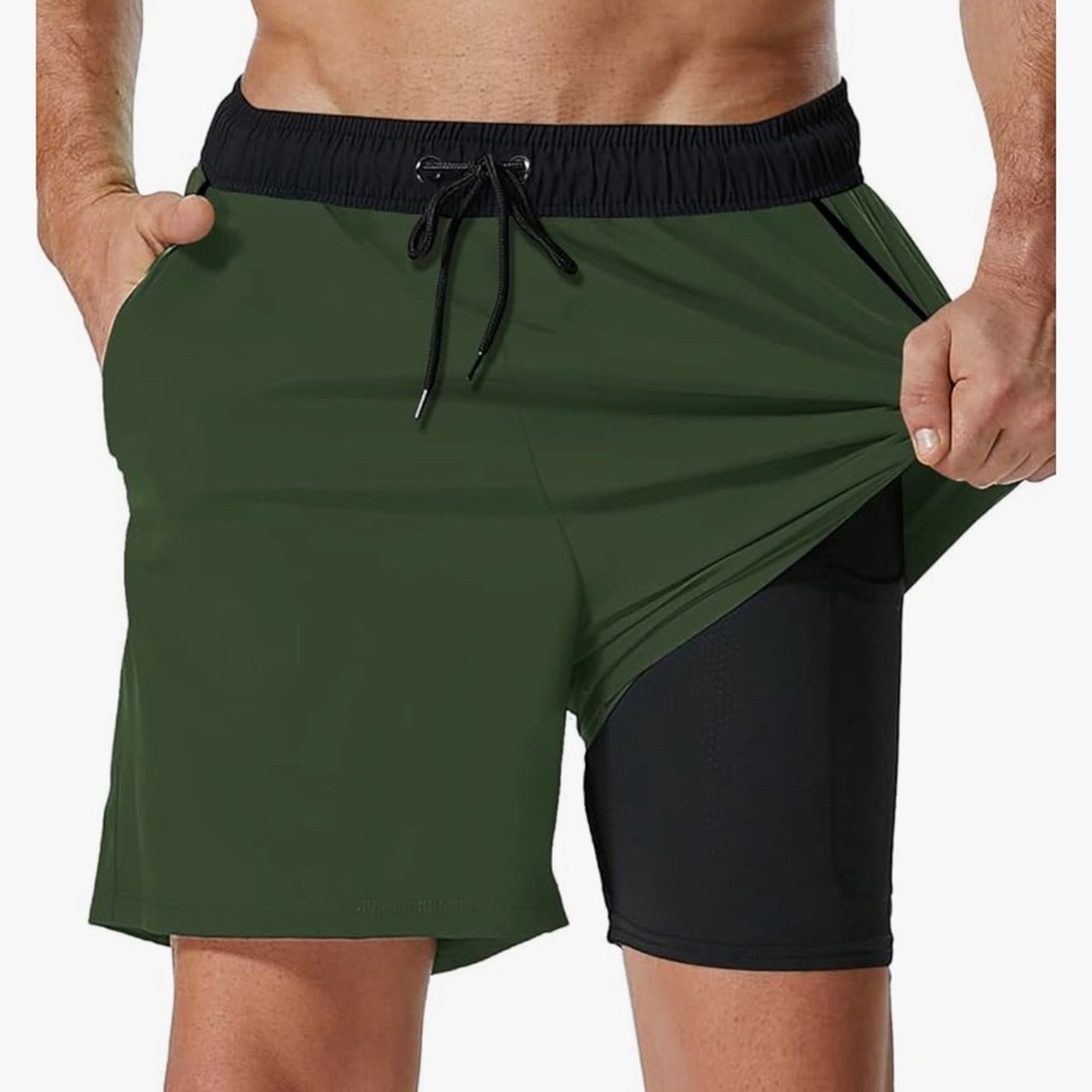 SILKWORLD Mens Swimming Trunks with Compression Liner 2 X-Large, Black Grey